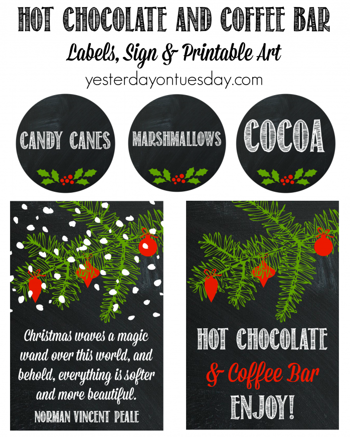 Hot Chocolate and Coffee Bar printable labels, art and a sign. Chalkboard style, fun and festive for Christmas and the Holiday Season.