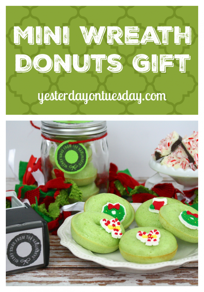 Recipe and ideas for Mini Wreath Donuts Gift with matching wreath tag. Stack donuts in a mason jar for a cute presentation!