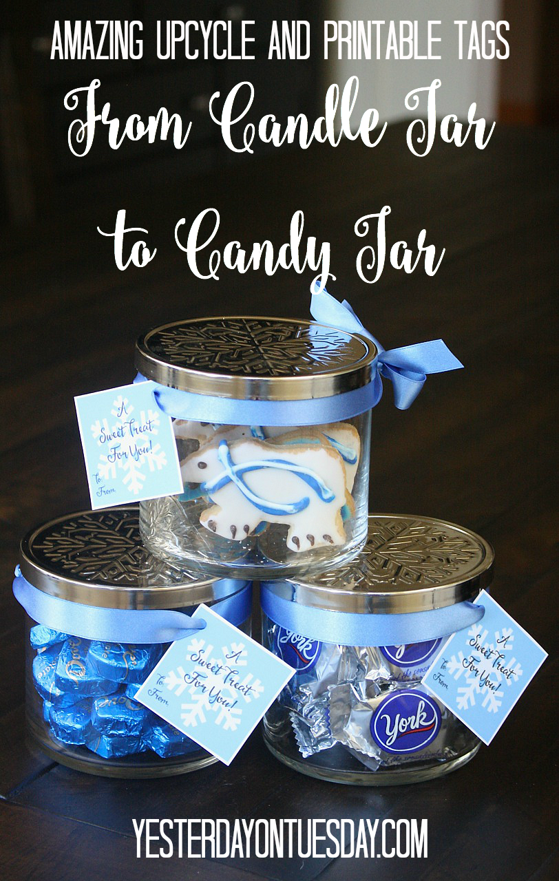 How to transform a glass candle jar into a pretty candy jar, plus printable gift tags