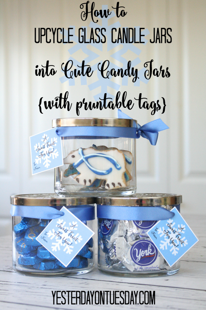 How to transform a glass candle jar into a pretty candy jar, plus printable gift tags