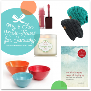 My 5 Fun Must-Haves for January including C.C Beanies, bowls from The Pioneer Woman, The Lipgloss from Kevin Aucoin, The Life-Changing Magic of Tidying Up, and a Eucalyptus Mint Candle from Bath and Body Works