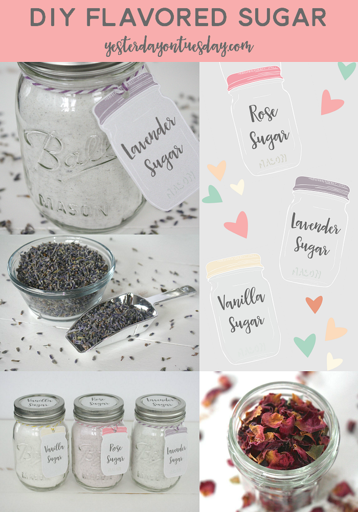 How to make DIY Flavored Sugar. It's easy to make Lavender, Rose and Vanilla Flavored Sugar plus printable labels and tags.