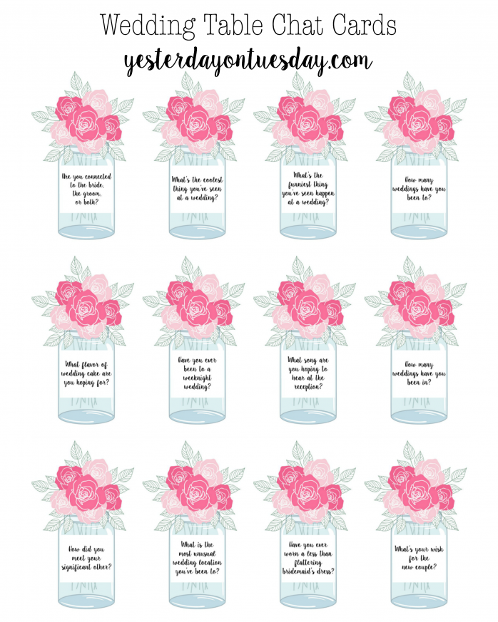 Printable Wedding Table Chat Cards: A dozen mason jar-themed cards with wedding related questions, meant to jump start conversations at a wedding!