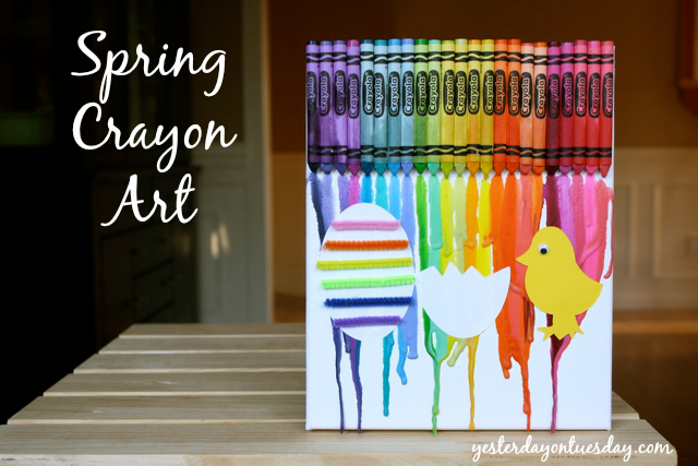 Spring Crayon Art, a fun DIY kid's Easter craft project with canvas, crayons and pipe cleaners!