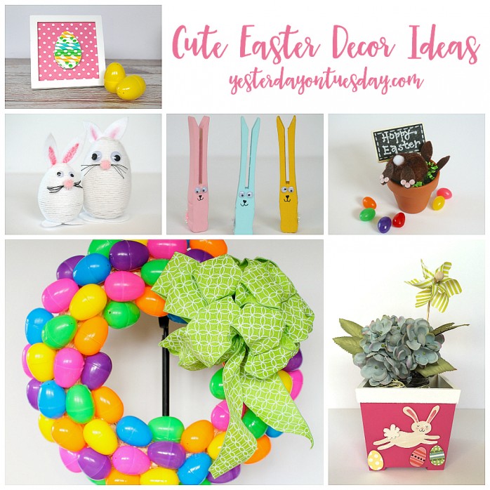 Cute Easter Decor Ideas including a plastic easter egg wreath, yarn wrapped Easter eggs, bunny butt decor and more! Kid friendly crafts for Easter.