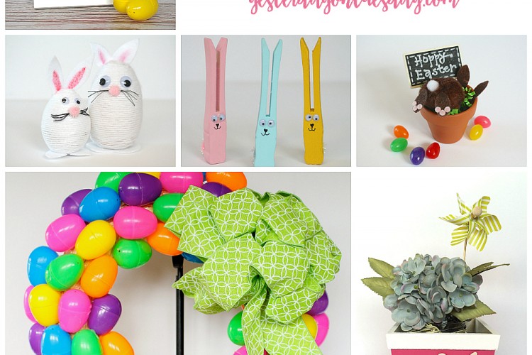 Cute Easter Decor Ideas including a plastic easter egg wreath, yarn wrapped Easter eggs, bunny butt decor and more! Kid friendly crafts for Easter.