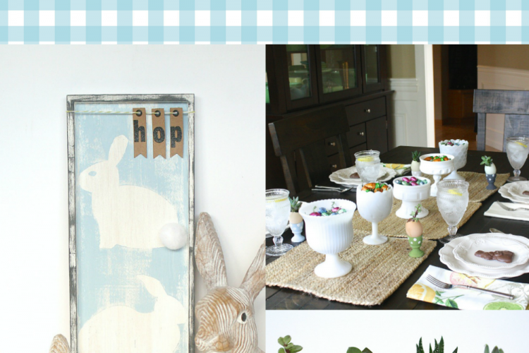 Lovely Neutral Easter Decor Ideas, including a painted HOP bunny sign and polka dot egg cups.