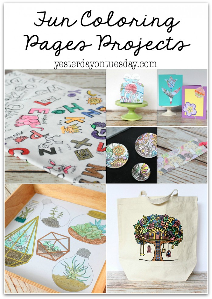 Fun Projects you can make with coloring pages including a tote bag, cards, a tray, magnets, a gift box, bookmark and more!