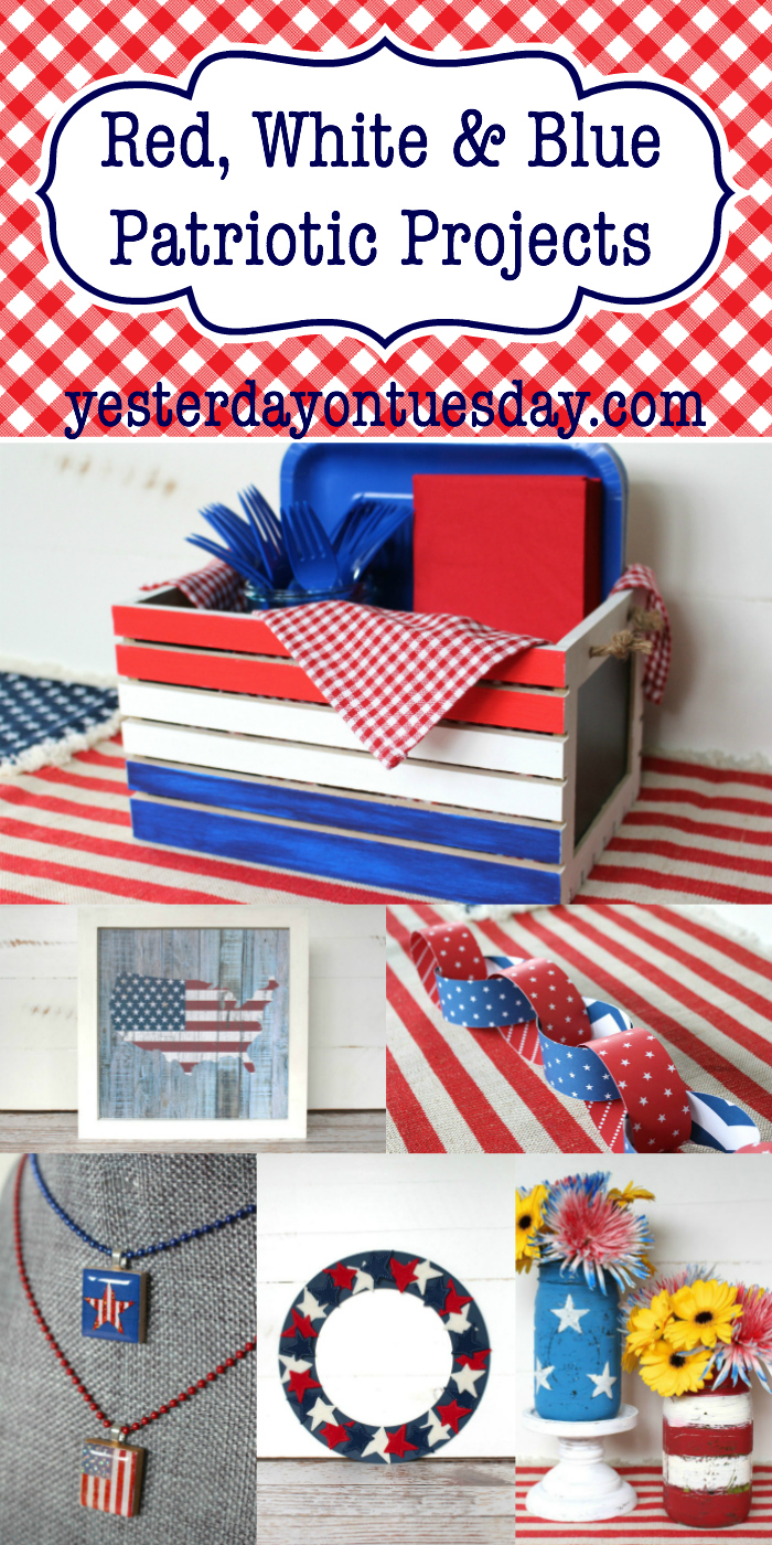 Red, White & Blue Patriotic Projects: DIY Picnic Box, flag art, a paper chain, painted mason jars and more, great for Memorial Day and 4th of July!
