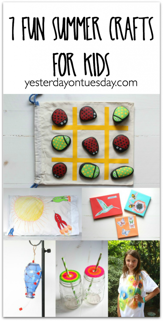 7 FUN Summer Crafts or Kids including a Sharpie Tie Dyed tee shirt, Bug Themed Tic Tac Toe, Decorated Pillowcase and more.