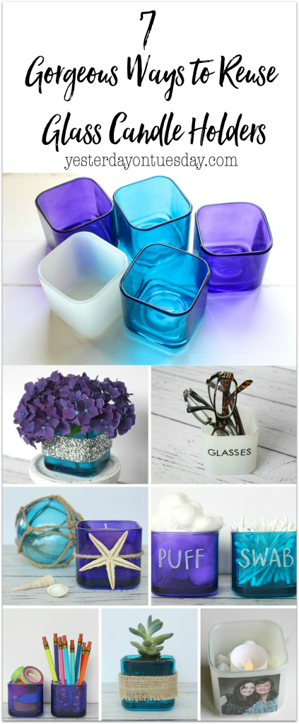 7 Gorgeous Ways to Reuse Glass Candle Holders including a beachy display, vase, place to corral glasses, desk set and more!