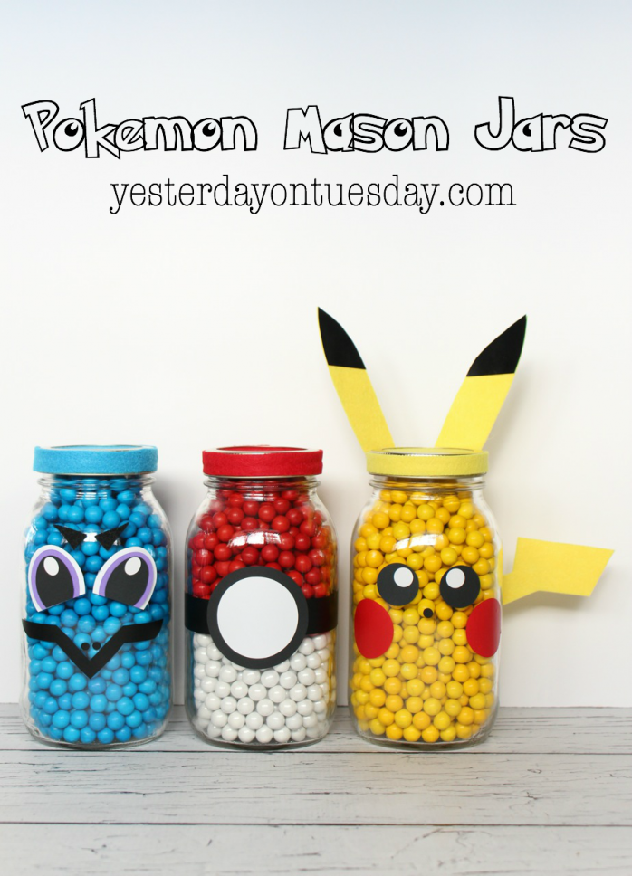 DIY Pokemon Mason Jars, perfect for Pokemon and Pokemon GO themed parties. How to make Pikachu, Squirtle and a Poke Ball.