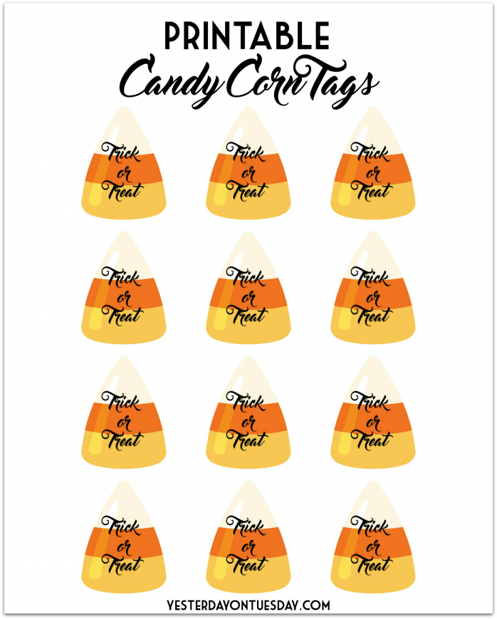 Printable Candy Corn "Trick or Treat" tags for Halloween crafting and gift giving.