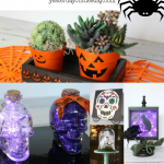 7 Spooky Halloween Decor Ideas including pumpkin planters, a Dias de los Muertos skull, a black cat lighted frame and more!