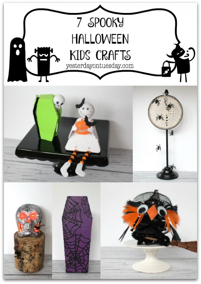 7 Spooky Halloween Kids Crafts including a Spider Web Doily Dream Catcher, Pom-Pom Crows, a Pinecone Witch and more.