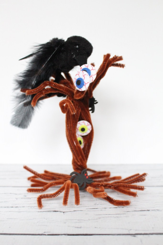 7 Spooky Halloween Kids Crafts including a Spider Web Doily Dream Catcher, Pom-Pom Crows, a Pinecone Witch and more