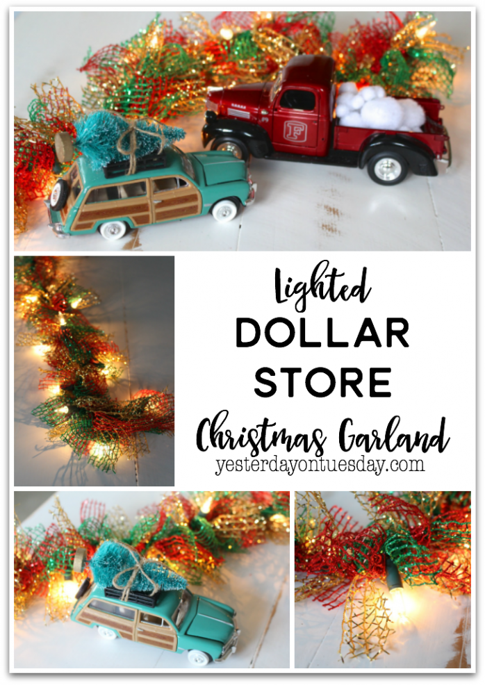 Lighted Dollar Store Christmas Garland: How to transform a plain string of lights and some ribbon from the dollar store into lush and festive holiday decor.