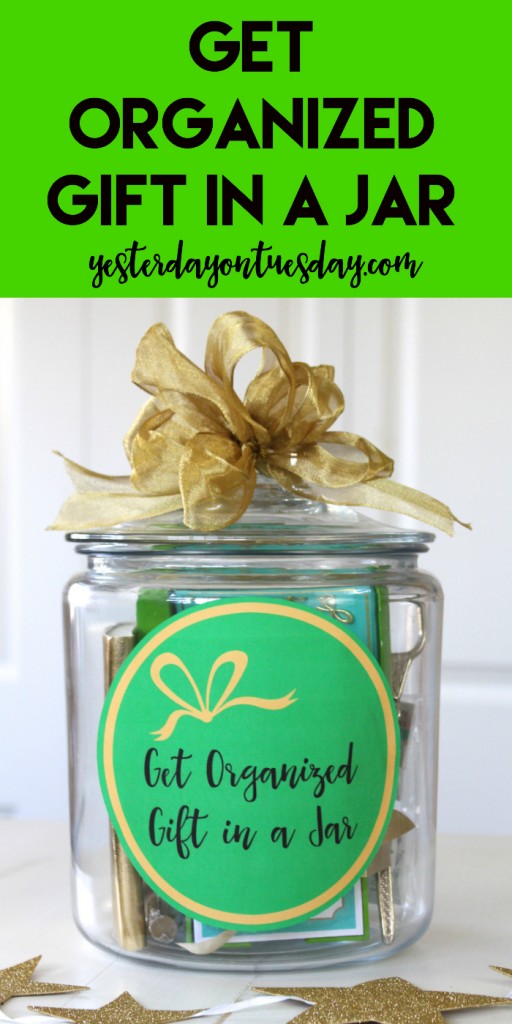 Get Organized Gift in a Jar: A Kate Spade inspired jar or fun office supplies including push pins, scissors, a memo pad and more!