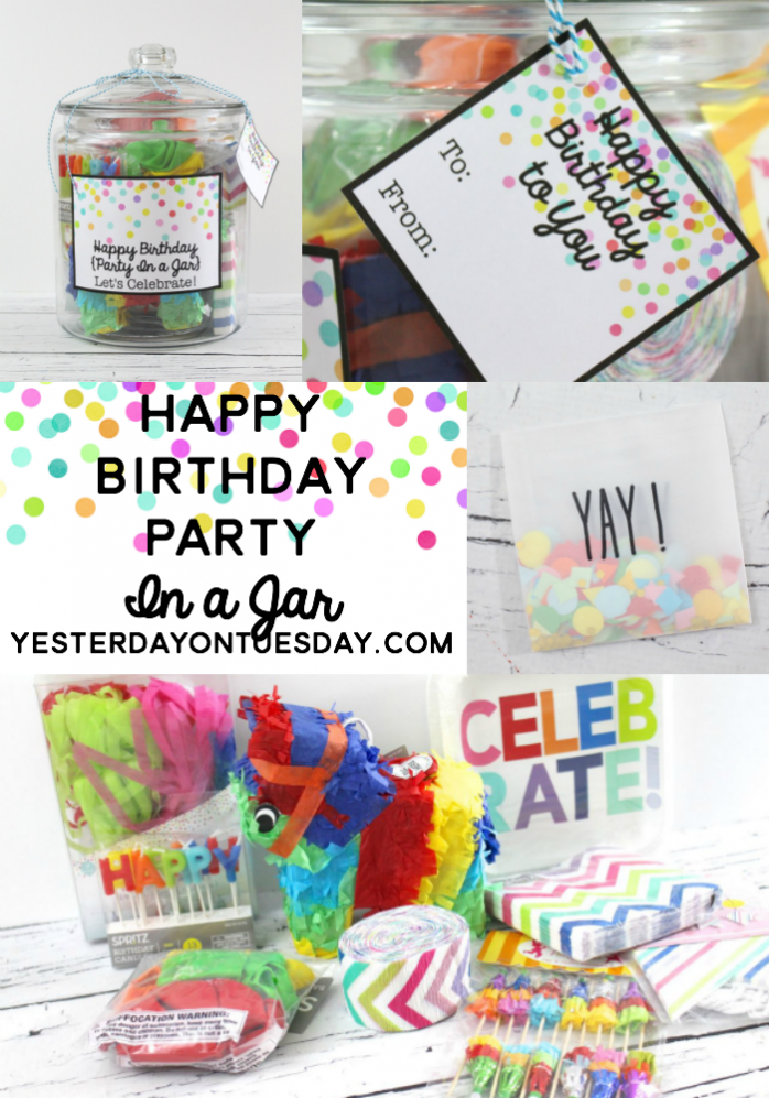 Happy Birthday Party in a Jar: Make a birthday celebration to go plus free festive printables.