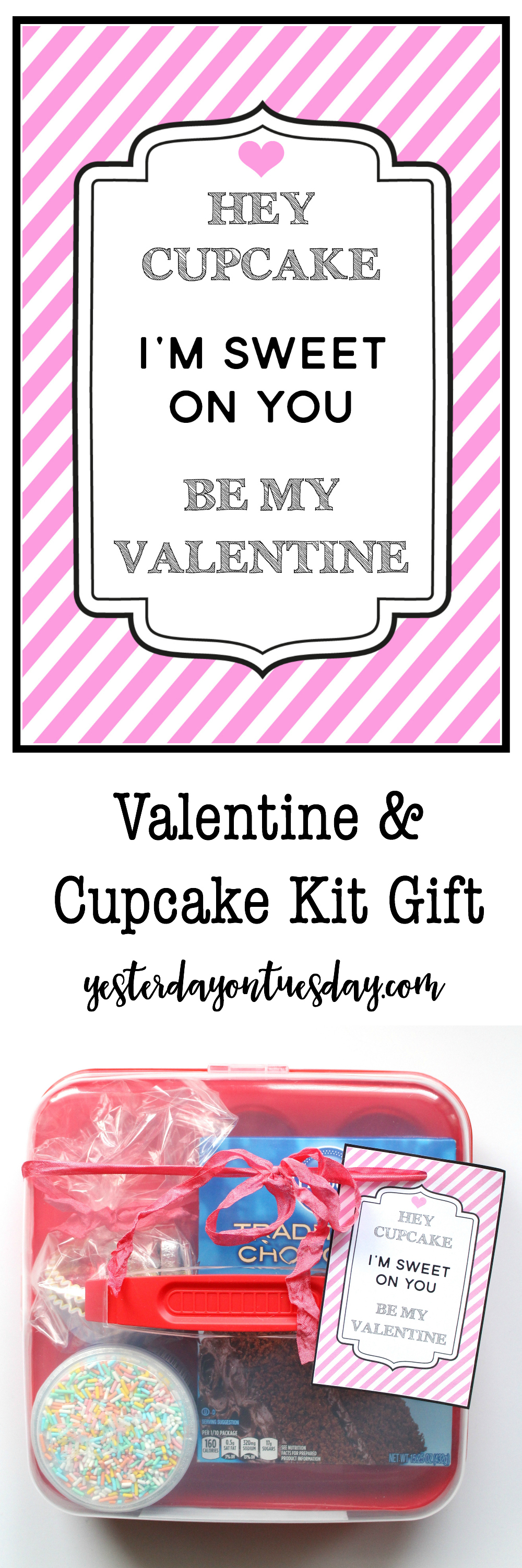 Valentine and Cupcake Gift Kit: Funny cupcake Valentine, a free printable fun with a few items from the dollar store that can be used to make and decorate cupcakes! Budget friendly Valentine's Day gift idea.