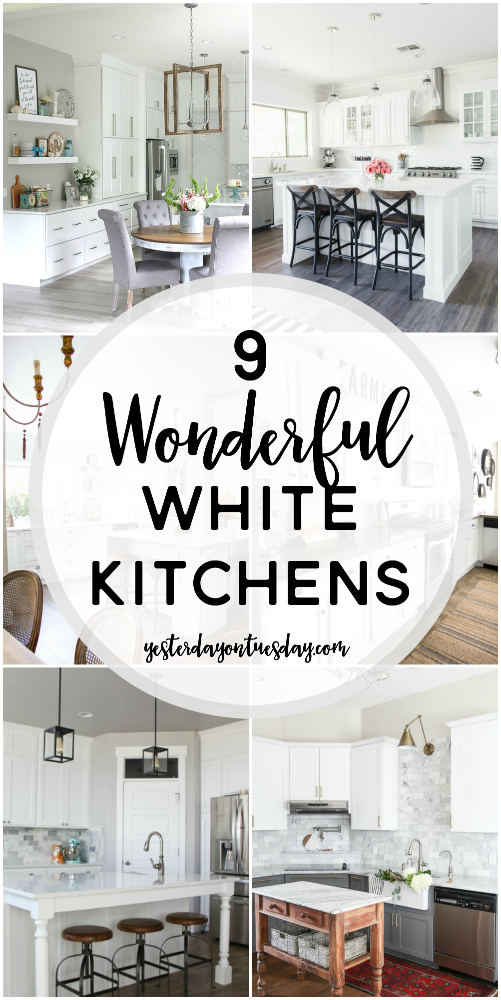 9 Wonderful White Kitchens: A collection if dreamy white kitchens with touches of industrial, modern farmhouse, fixer upper style and more. Tons of inspiring ideas.