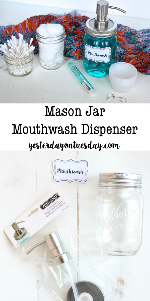 DIY Mason Jar Mouthwash Dispenser: No more ugly bottles!  Create a chic looking mouthwash dispenser out of a mason jar in minutes. Awesome way to organize the bathroom counter.