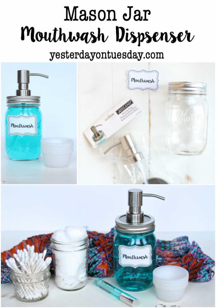 DIY Mason Jar Mouthwash Dispenser: No more ugly bottles!  Create a chic looking mouthwash dispenser out of a mason jar in minutes. Awesome way to organize the bathroom counter.