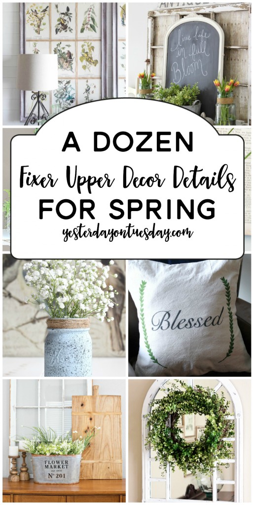 A Dozen Fixer Upper Decor Details for Spring: Fresh ideas for sprucing up your home including greenery, pillows, printables, flowers and more.