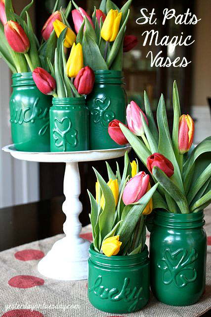 St. Pat's Magic Vases: Transform a plain mason jar into fun and whimsical St. Patrick's Day themed decor! 